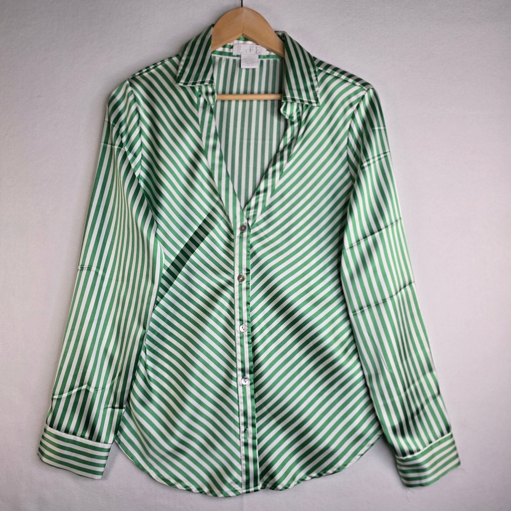Life Womens Green White Striped Satin Button Down Blouse Large Long Sleeve